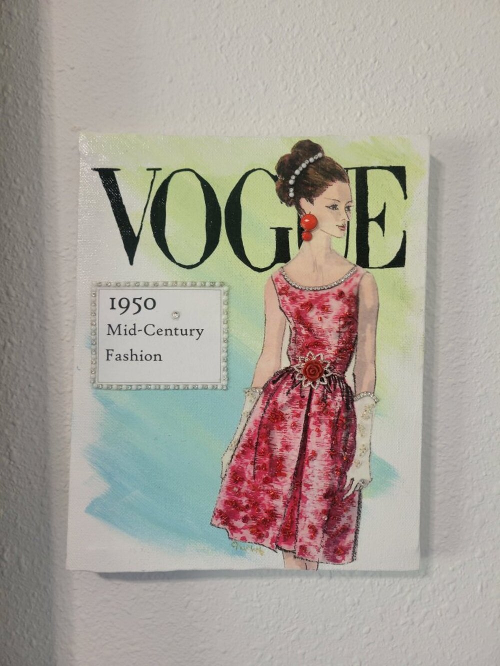 Handmade 1950s Fashion Canvas | Lady in Red Dress | Mixed Media Art